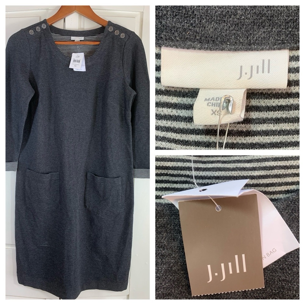J Jill 3/4 Sleeve Knit Dress XS Scoop Neck Button Shoulder Knee Length Gray NWT